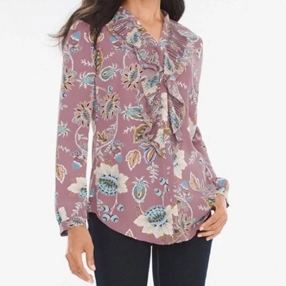 Chico's Floral Ruffled V-Neck Button Down Blouse Long Sleeves Sz XL Cottagecore
